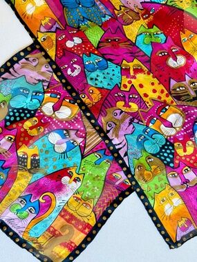 Cat Print 100% Silk Scarf Vintage Laurel Burch Colorful Cats Signed